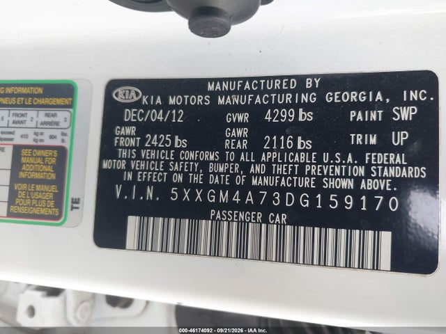 Продажа на аукционе авто 2013 Kia Optima Lx, vin: 5XXGM4A73DG159170, номер лота: 46174092