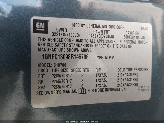 46174097 :رقم المزاد ، 1GNFC13098R146706 vin ، 2008 Chevrolet Tahoe Lt مزاد بيع