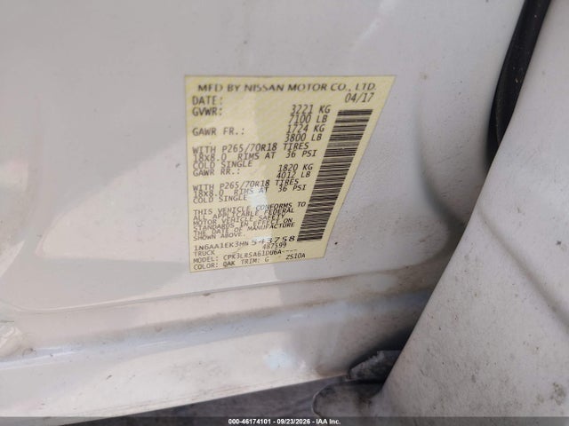 2017 Nissan Titan S მანქანა იყიდება აუქციონზე, vin: 1N6AA1EK3HN543758, აუქციონის ნომერი: 46174101