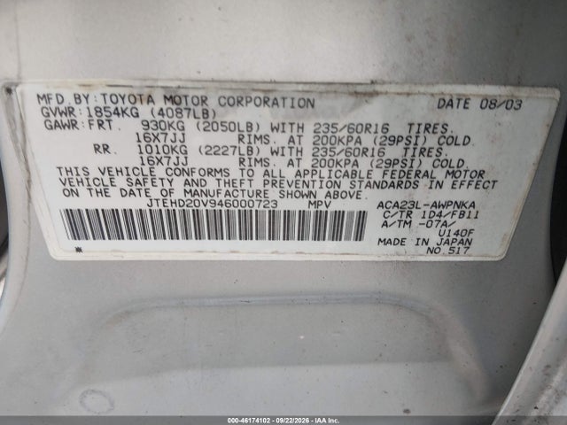 Aukcja sprzedaży 2004 Toyota Rav4, vin: JTEHD20V946000723, numer aukcji: 46174102