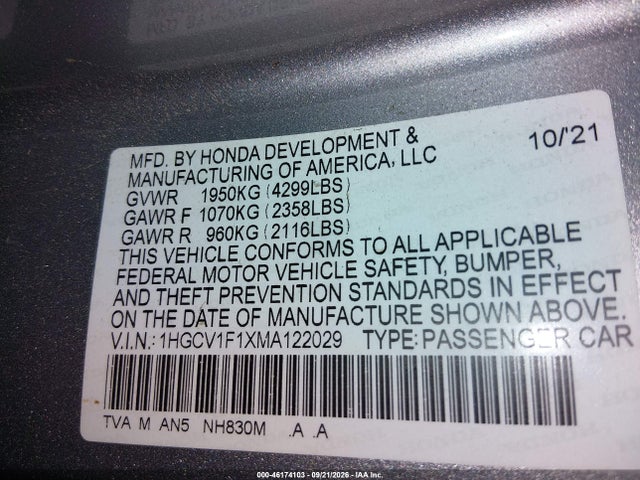 2021 Honda Accord Lx მანქანა იყიდება აუქციონზე, vin: 1HGCV1F1XMA122029, აუქციონის ნომერი: 46174103
