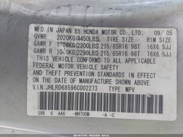 Продаж на аукціоні авто 2006 Honda Cr-v Lx, vin: JHLRD68596C002273, номер лоту: 46174104