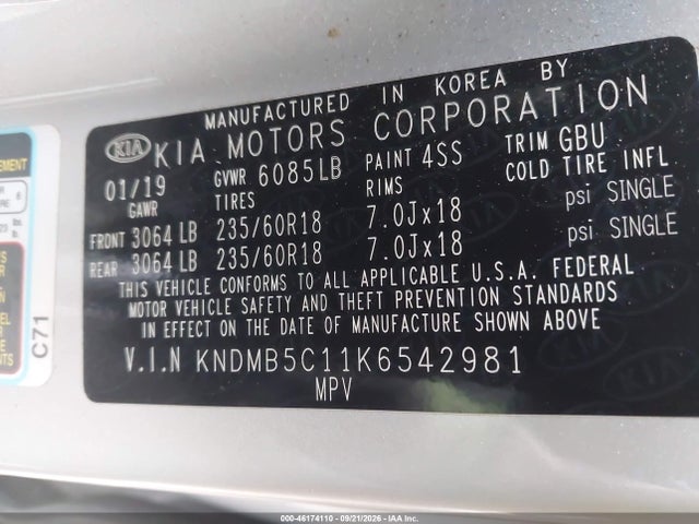 46174110 :رقم المزاد ، KNDMB5C11K6542981 vin ، 2019 Kia Sedona Ex مزاد بيع