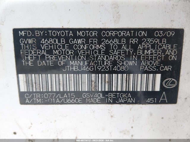 Продаж на аукціоні авто 2009 Lexus Es 350, vin: JTHBJ46G192314080, номер лоту: 46174112