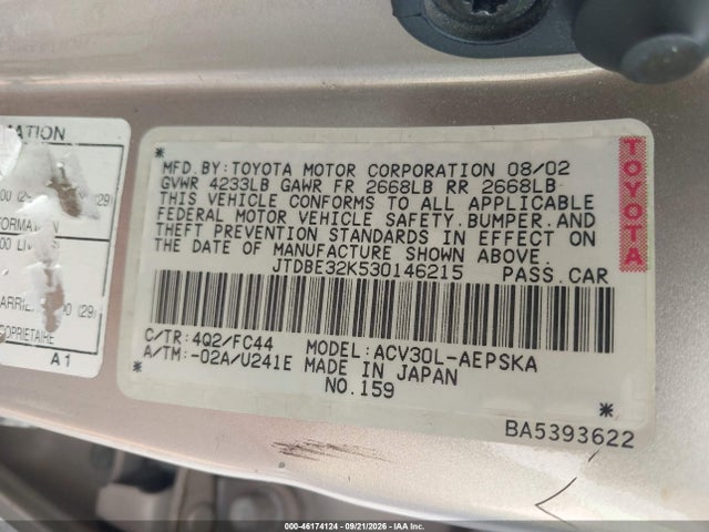 Aukcja sprzedaży 2003 Toyota Camry Se, vin: JTDBE32K530146215, numer aukcji: 46174124