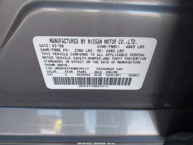 Продаж на аукціоні авто 2008 Infiniti G35, vin: JNKBV61F68M279117, номер лоту: 46174127