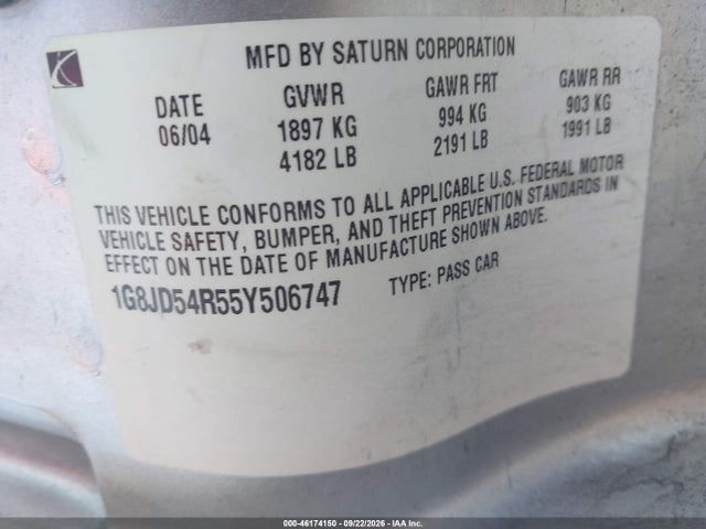 Продаж на аукціоні авто 2005 Saturn L300, vin: 1G8JD54R55Y506747, номер лоту: 46174150