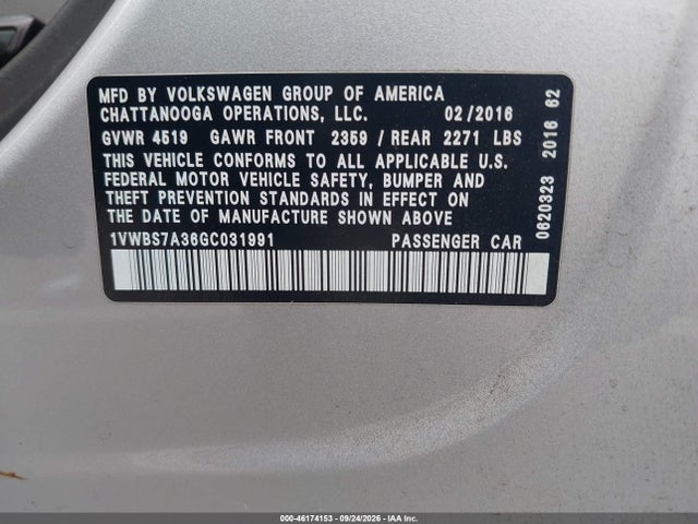 46174153 :رقم المزاد ، 1VWBS7A36GC031991 vin ، 2016 Volkswagen Passat 1.8t Se مزاد بيع