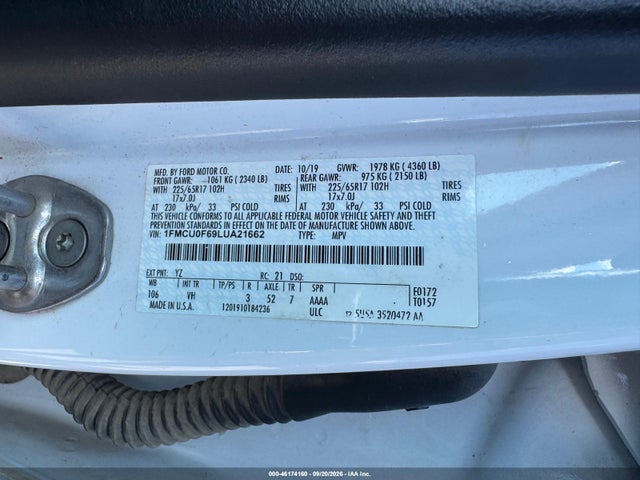 46174160 :رقم المزاد ، 1FMCU0F69LUA21662 vin ، 2020 Ford Escape S مزاد بيع
