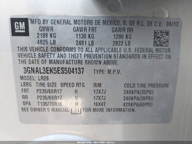 46174164 :رقم المزاد ، 3GNAL3EK5ES504137 vin ، 2014 Chevrolet Captiva Sport Lt مزاد بيع