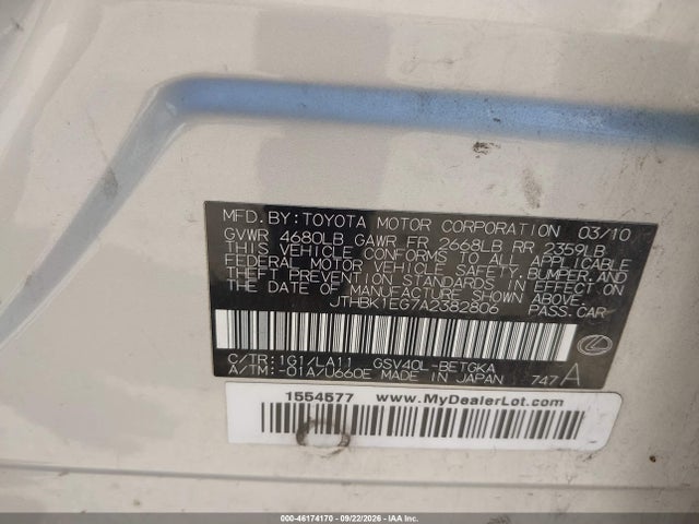 Продажа на аукционе авто 2010 Lexus Es 350, vin: JTHBK1EG7A2382806, номер лота: 46174170
