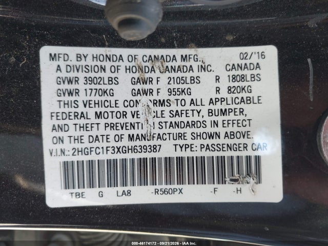 Aukcja sprzedaży 2016 Honda Civic Ex-t, vin: 2HGFC1F3XGH639387, numer aukcji: 46174172