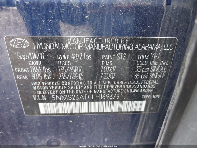 Продаж на аукціоні авто 2020 Hyundai Santa Fe Se, vin: 5NMS23AD1LH169373, номер лоту: 46174173