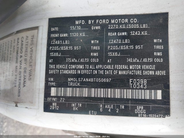 46174174 :رقم المزاد ، NM0LS7AN4BT050697 vin ، 2011 Ford Transit Connect Xl مزاد بيع