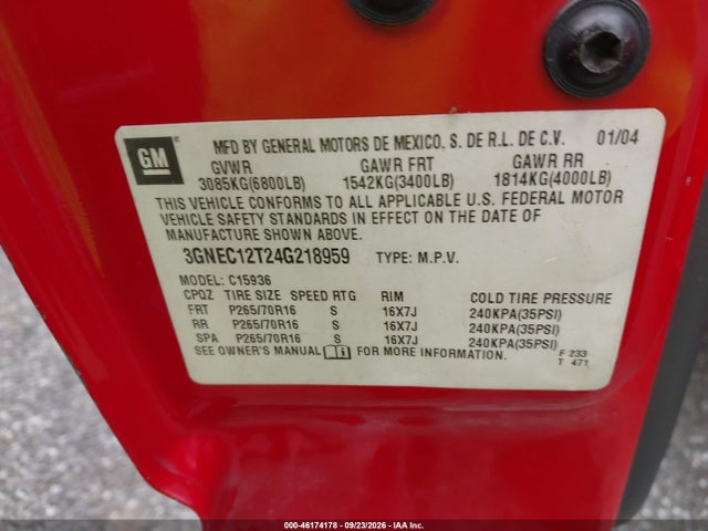 Aukcja sprzedaży 2004 Chevrolet Avalanche 1500, vin: 3GNEC12T24G218959, numer aukcji: 46174178