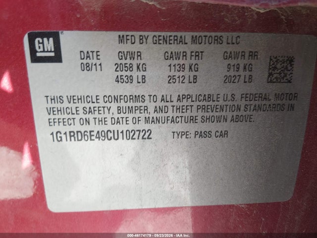 46174179 :رقم المزاد ، 1G1RD6E49CU102722 vin ، 2012 Chevrolet Volt مزاد بيع