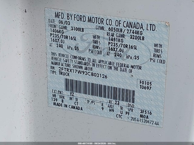 Продаж на аукціоні авто 2003 Ford F-150 Lariat/xl/xlt, vin: 2FTRX17W93CB03126, номер лоту: 46174180
