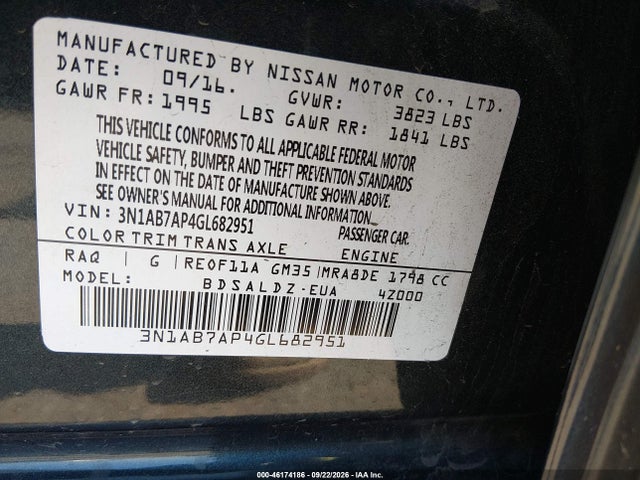 Aukcja sprzedaży 2016 Nissan Sentra Sv, vin: 3N1AB7AP4GL682951, numer aukcji: 46174186