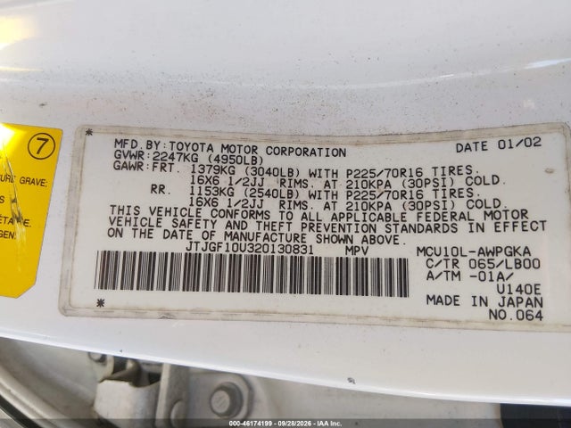46174199 :رقم المزاد ، JTJGF10U320130831 vin ، 2002 Lexus Rx 300 مزاد بيع