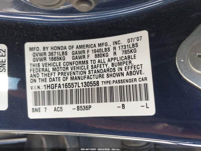 46174200 :رقم المزاد ، 1HGFA16557L130558 vin ، 2007 Honda Civic Lx مزاد بيع