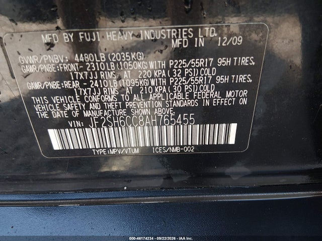 46174234 :رقم المزاد ، JF2SH6CC8AH765455 vin ، 2010 Subaru Forester 2.5x Premium مزاد بيع
