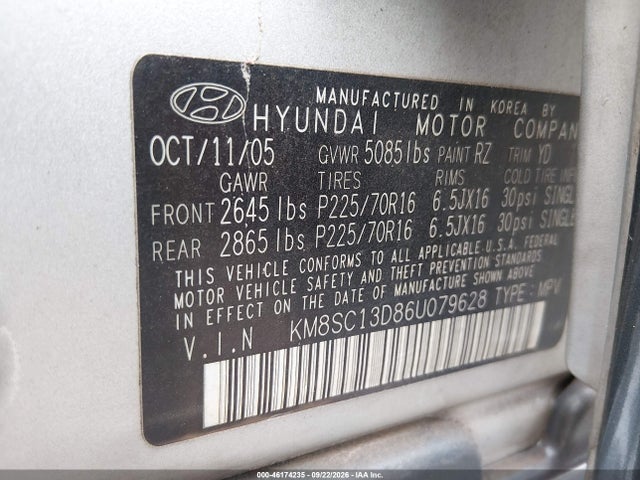 Продажа на аукционе авто 2006 Hyundai Santa Fe Gls, vin: KM8SC13D86U079628, номер лота: 46174235