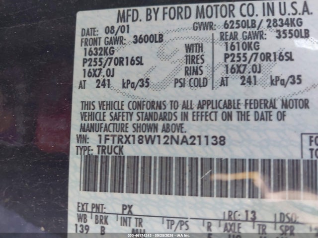 Aukcja sprzedaży 2002 Ford F-150 Lariat/xl/xlt, vin: 1FTRX18W12NA21138, numer aukcji: 46174243