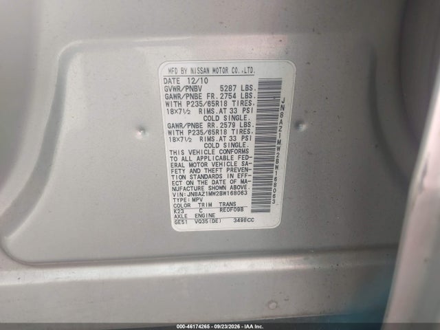 Auction sale of the 2011 Nissan Murano Sv, vin: JN8AZ1MW2BW168063, lot number: 46174265