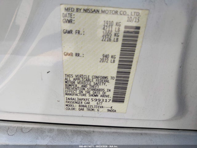 Aukcja sprzedaży 2015 Nissan Altima 2.5 Sv, vin: 1N4AL3APXFC599317, numer aukcji: 46174271
