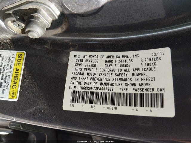 2015 Honda Accord Hybrid Touring მანქანა იყიდება აუქციონზე, vin: 1HGCR6F73FA007989, აუქციონის ნომერი: 46174277