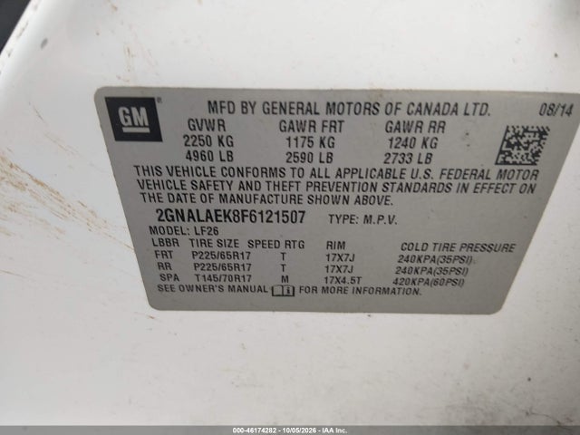 Продажа на аукционе авто 2015 Chevrolet Equinox Ls, vin: 2GNALAEK8F6121507, номер лота: 46174282