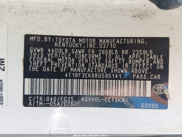 2011 Toyota Camry Se მანქანა იყიდება აუქციონზე, vin: 4T1BF3EK6BU595141, აუქციონის ნომერი: 46174286