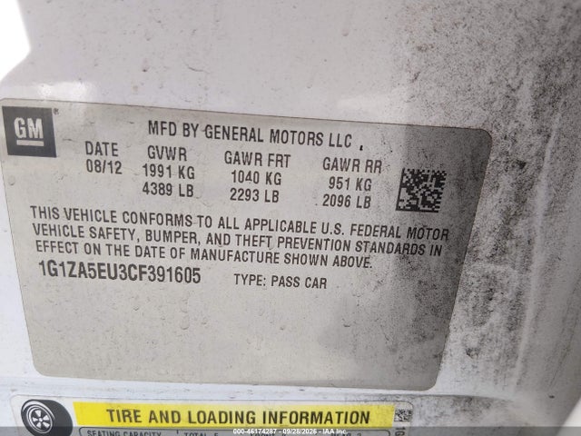 Продажа на аукционе авто 2012 Chevrolet Malibu Ls, vin: 1G1ZA5EU3CF391605, номер лота: 46174287