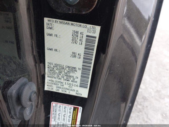 2010 Nissan Altima 2.5 S მანქანა იყიდება აუქციონზე, vin: 1N4AL2EP0AC150516, აუქციონის ნომერი: 46174318