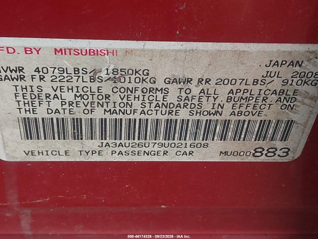Продажа на аукционе авто 2009 Mitsubishi Lancer Es/es-sport, vin: JA3AU26U79U021608, номер лота: 46174326