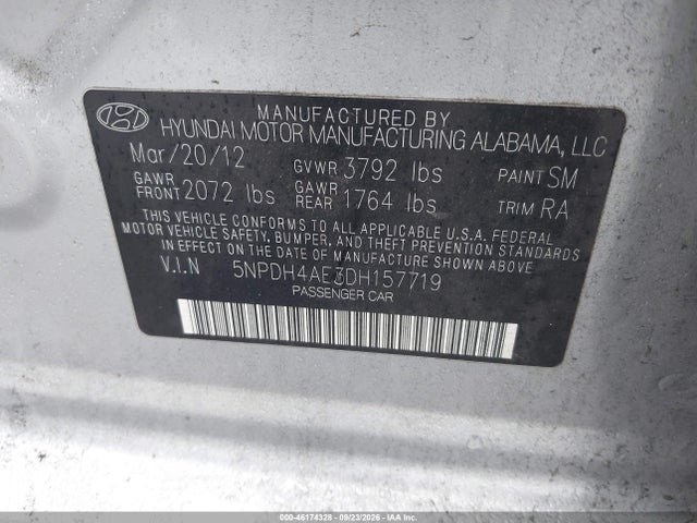 2013 Hyundai Elantra Limited მანქანა იყიდება აუქციონზე, vin: 5NPDH4AE3DH157719, აუქციონის ნომერი: 46174328