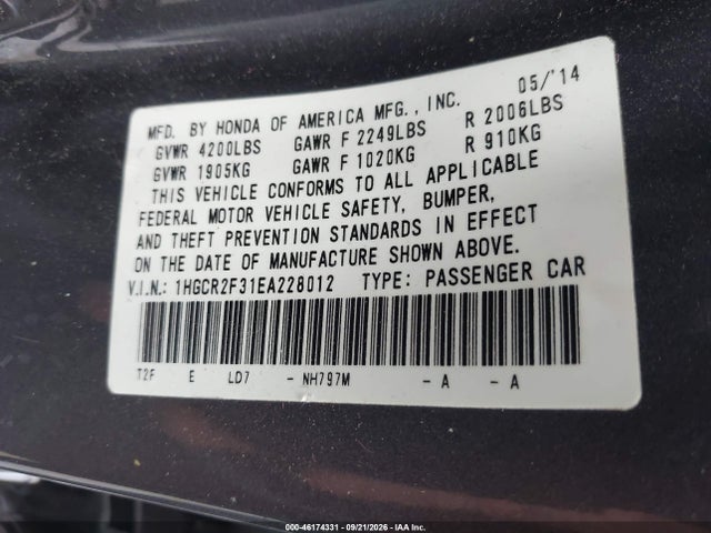 46174331 :رقم المزاد ، 1HGCR2F31EA228012 vin ، 2014 Honda Accord Lx مزاد بيع