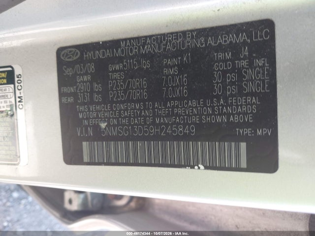 2009 Hyundai Santa Fe Gls მანქანა იყიდება აუქციონზე, vin: 5NMSG13D59H245849, აუქციონის ნომერი: 46174344
