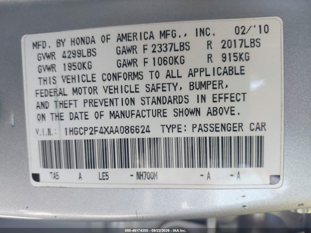 Продажа на аукционе авто 2010 Honda Accord 2.4 Lx-p, vin: 1HGCP2F4XAA086624, номер лота: 46174355
