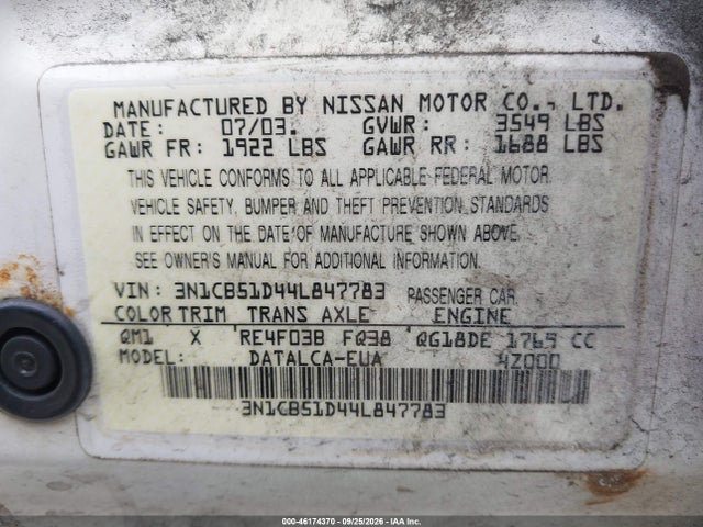2004 Nissan Sentra 1.8 მანქანა იყიდება აუქციონზე, vin: 3N1CB51D44L847783, აუქციონის ნომერი: 46174370