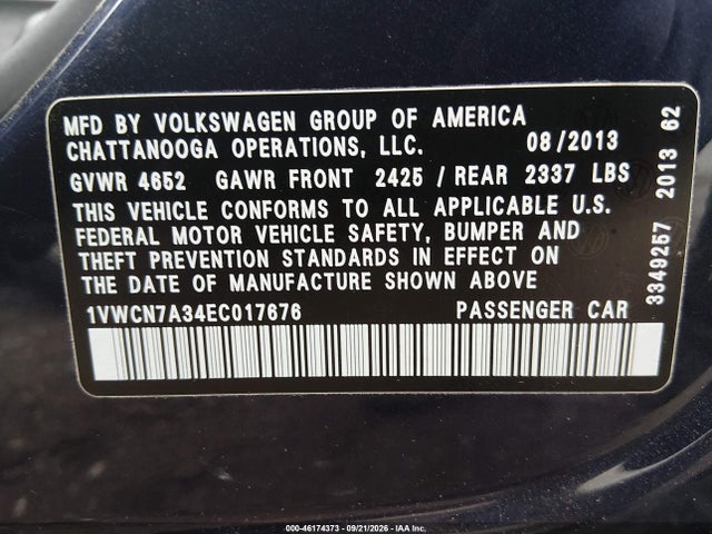 Aukcja sprzedaży 2014 Volkswagen Passat 2.0l Tdi Sel Premium, vin: 1VWCN7A34EC017676, numer aukcji: 46174373