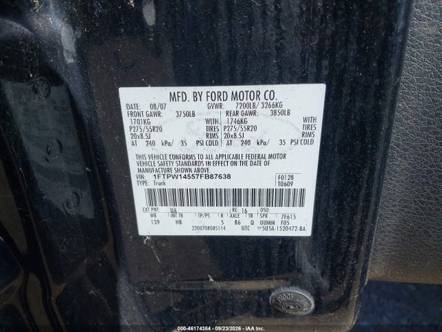 46174384 :رقم المزاد ، 1FTPW14557FB87638 vin ، 2007 Ford F-150 Fx4/lariat/xlt مزاد بيع