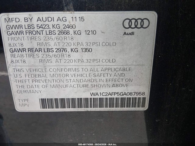Aukcja sprzedaży 2016 Audi Q5 2.0t Premium, vin: WA1C2AFP5GA087958, numer aukcji: 46174388