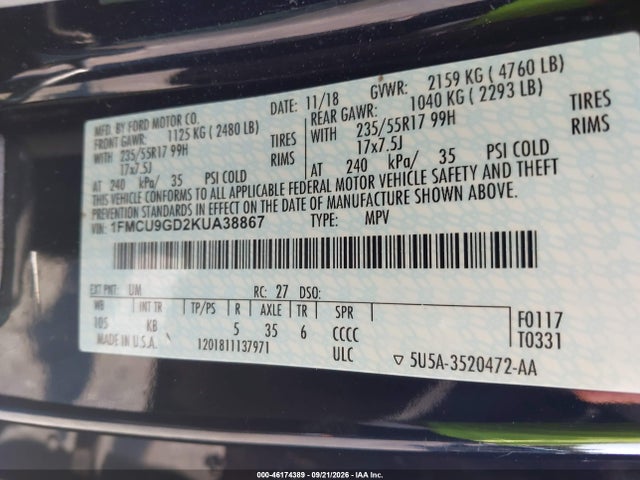 46174389 :رقم المزاد ، 1FMCU9GD2KUA38867 vin ، 2019 Ford Escape Se مزاد بيع
