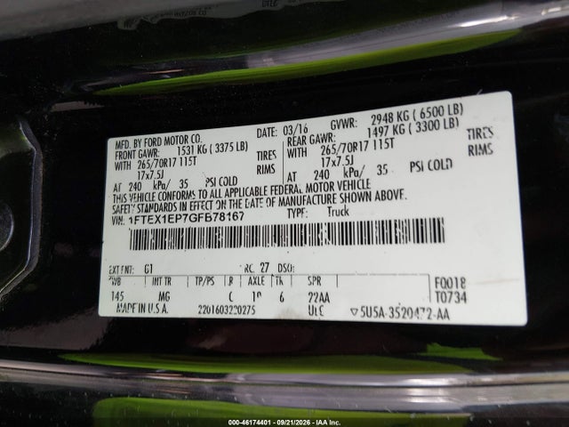 2016 Ford F-150 Xlt მანქანა იყიდება აუქციონზე, vin: 1FTEX1EP7GFB78167, აუქციონის ნომერი: 46174401