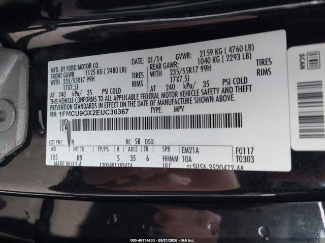Aukcja sprzedaży 2014 Ford Escape Se, vin: 1FMCU9GX2EUC30367, numer aukcji: 46174403