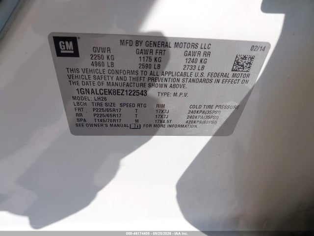 Chevrolet EQUINOX LT 2014 1GNALCEK8EZ122543 Image 9