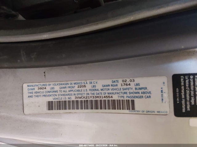 46174408 :رقم المزاد ، 3VWCK21Y33M314554 vin ، 2003 Volkswagen New Beetle Gls مزاد بيع