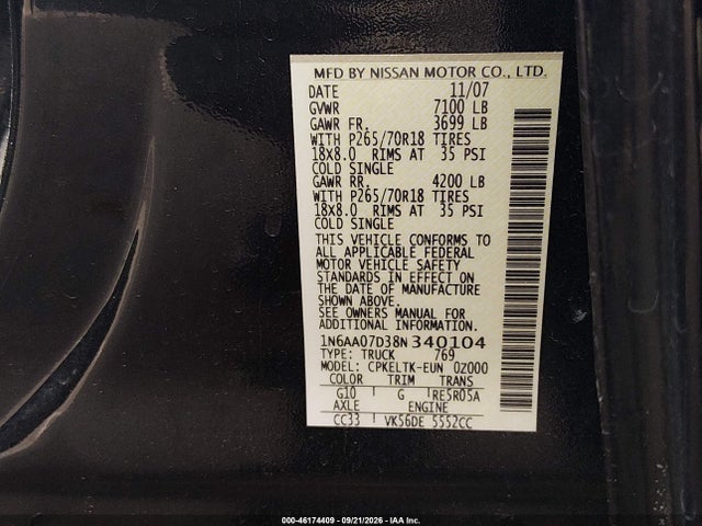 Продаж на аукціоні авто 2008 Nissan Titan Se/xe, vin: 1N6AA07D38N340104, номер лоту: 46174409