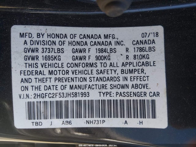 Продаж на аукціоні авто 2018 Honda Civic Lx, vin: 2HGFC2F53JH581993, номер лоту: 46174410